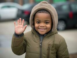 africano americano niño disfruta el invierno Nevado día en juguetón emocional dinámica actitud ai generativo foto