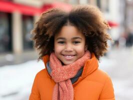 africano americano niño disfruta el invierno Nevado día en juguetón emocional dinámica actitud ai generativo foto