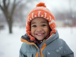 africano americano niño disfruta el invierno Nevado día en juguetón emocional dinámica actitud ai generativo foto