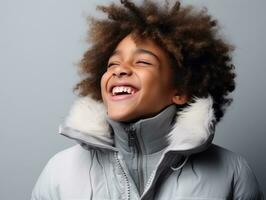 african american kid enjoys the winter snowy day in playful emontional dynamic pose AI Generative photo
