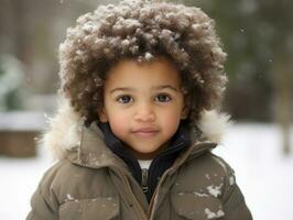 african american kid enjoys the winter snowy day in playful emontional dynamic pose AI Generative photo