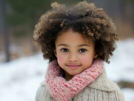 africano americano niño disfruta el invierno Nevado día en juguetón emocional dinámica actitud ai generativo foto