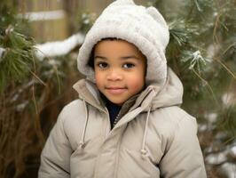 african american kid enjoys the winter snowy day in playful emontional dynamic pose AI Generative photo