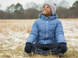 african american kid enjoys the winter snowy day in playful emontional dynamic pose AI Generative photo