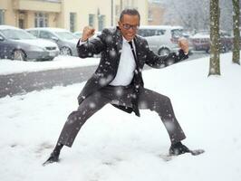 african american man enjoys the winter snowy day in playful emontional dynamic pose AI Generative photo