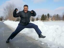 africano americano hombre disfruta el invierno Nevado día en juguetón emocional dinámica actitud ai generativo foto