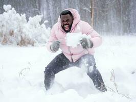 african american man enjoys the winter snowy day in playful emontional dynamic pose AI Generative photo