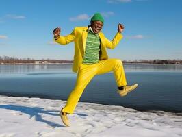 africano americano hombre disfruta el invierno Nevado día en juguetón emocional dinámica actitud ai generativo foto