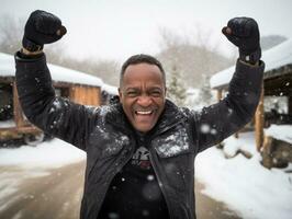 african american man enjoys the winter snowy day in playful emontional dynamic pose AI Generative photo