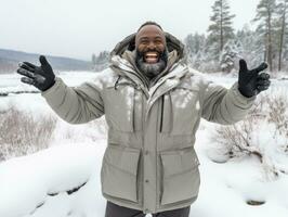 african american man enjoys the winter snowy day in playful emontional dynamic pose AI Generative photo