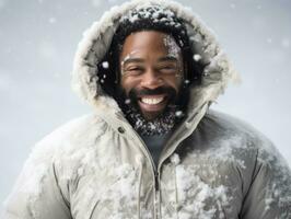 african american man enjoys the winter snowy day in playful emontional dynamic pose AI Generative photo