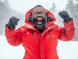 african american man enjoys the winter snowy day in playful emontional dynamic pose AI Generative photo