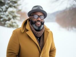 african american man enjoys the winter snowy day in playful emontional dynamic pose AI Generative photo