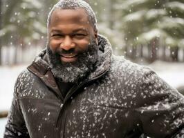 africano americano hombre disfruta el invierno Nevado día en juguetón emocional dinámica actitud ai generativo foto