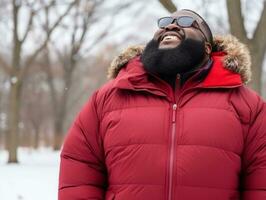 african american man enjoys the winter snowy day in playful emontional dynamic pose AI Generative photo