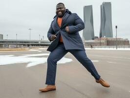 african american man enjoys the winter snowy day in playful emontional dynamic pose AI Generative photo