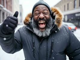 african american man enjoys the winter snowy day in playful emontional dynamic pose AI Generative photo