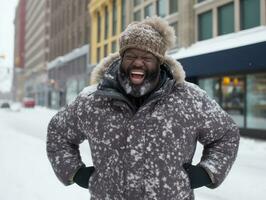 african american man enjoys the winter snowy day in playful emontional dynamic pose AI Generative photo