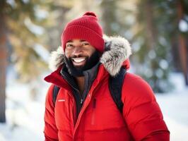 africano americano hombre disfruta el invierno Nevado día en juguetón emocional dinámica actitud ai generativo foto