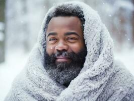 african american man enjoys the winter snowy day in playful emontional dynamic pose AI Generative photo