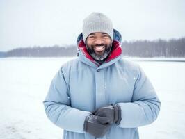 african american man enjoys the winter snowy day in playful emontional dynamic pose AI Generative photo