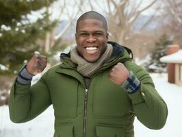 african american man enjoys the winter snowy day in playful emontional dynamic pose AI Generative photo