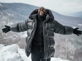 african american man enjoys the winter snowy day in playful emontional dynamic pose AI Generative photo