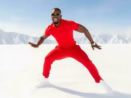 african american man enjoys the winter snowy day in playful emontional dynamic pose AI Generative photo