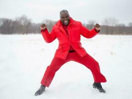 african american man enjoys the winter snowy day in playful emontional dynamic pose AI Generative photo