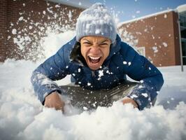 african american man enjoys the winter snowy day in playful emontional dynamic pose AI Generative photo