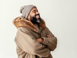 african american man enjoys the winter snowy day in playful emontional dynamic pose AI Generative photo