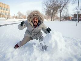 african american man enjoys the winter snowy day in playful emontional dynamic pose AI Generative photo