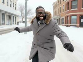 african american man enjoys the winter snowy day in playful emontional dynamic pose AI Generative photo