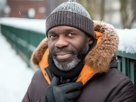 african american man enjoys the winter snowy day in playful emontional dynamic pose AI Generative photo