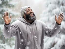 african american man enjoys the winter snowy day in playful emontional dynamic pose AI Generative photo