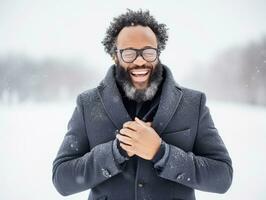 african american man enjoys the winter snowy day in playful emontional dynamic pose AI Generative photo