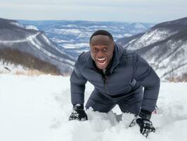 africano americano hombre disfruta el invierno Nevado día en juguetón emocional dinámica actitud ai generativo foto