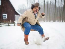 african american man enjoys the winter snowy day in playful emontional dynamic pose AI Generative photo