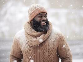 african american man enjoys the winter snowy day in playful emontional dynamic pose AI Generative photo