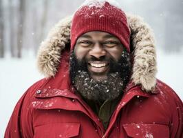 african american man enjoys the winter snowy day in playful emontional dynamic pose AI Generative photo