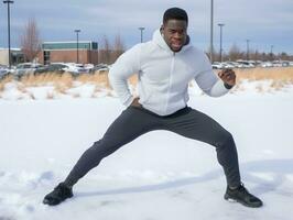african american man enjoys the winter snowy day in playful emontional dynamic pose AI Generative photo