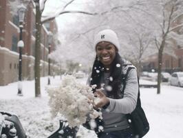 african american woman enjoys the winter snowy day in playful emontional dynamic pose AI Generative photo