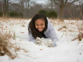 african american woman enjoys the winter snowy day in playful emontional dynamic pose AI Generative photo
