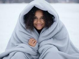 african american woman enjoys the winter snowy day in playful emontional dynamic pose AI Generative photo