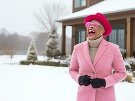 african american woman enjoys the winter snowy day in playful emontional dynamic pose AI Generative photo