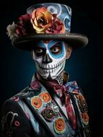 man in Day of the Dead makeup with playful pose AI Generative photo