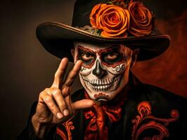 man in Day of the Dead makeup with playful pose AI Generative photo