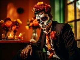 hombre en día de el muerto maquillaje con juguetón actitud ai generativo foto