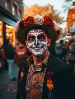 man in Day of the Dead makeup with playful pose AI Generative photo