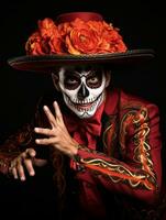 man in Day of the Dead makeup with playful pose AI Generative photo